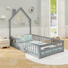 Twin size Montessori floor bed in gray featuring a creative house design, sturdy solid wood, and playful lockable.