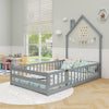 Twin size Montessori floor bed in gray with house design, full-length guardrails, and lockable door for children's.