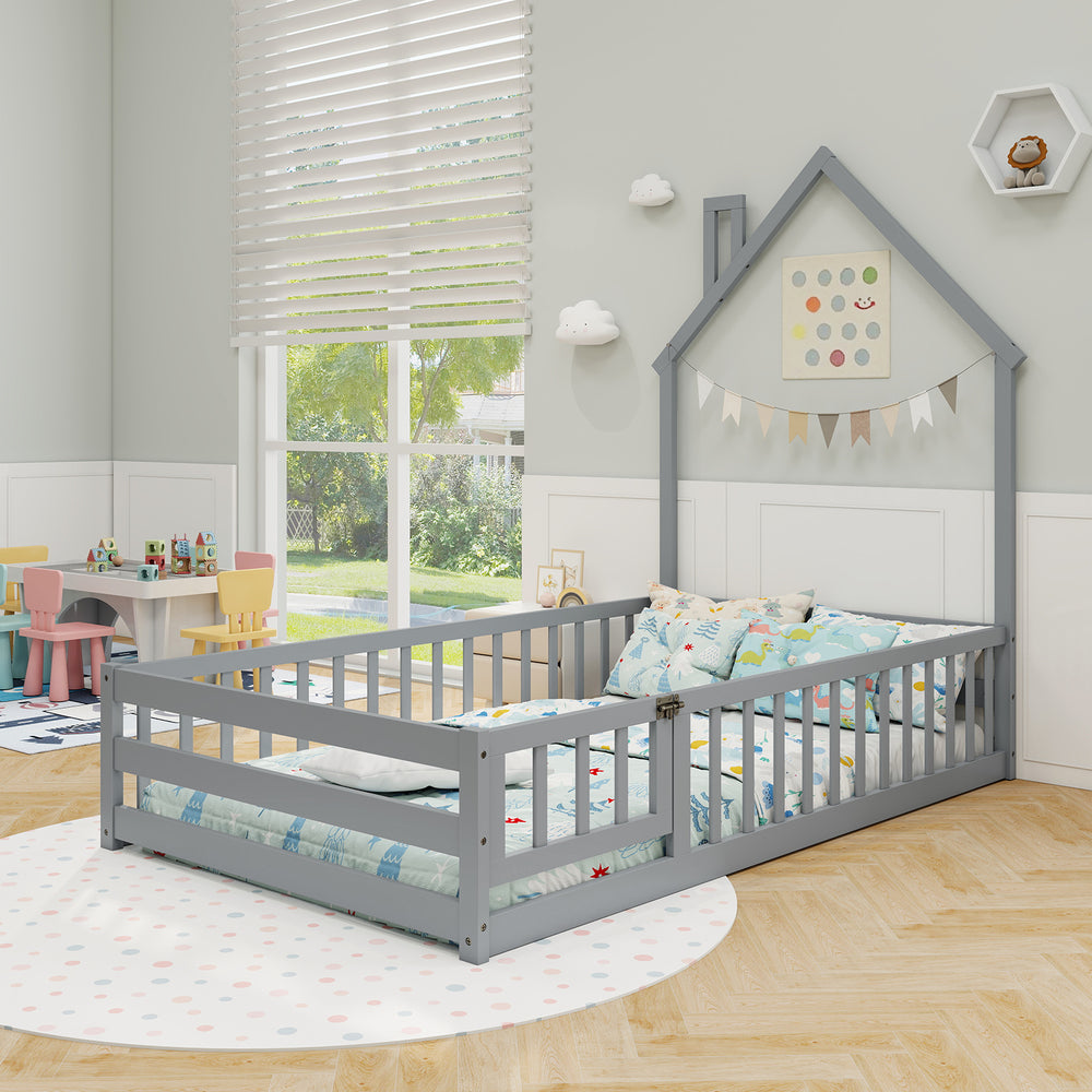 Twin size Montessori floor bed in gray with house design, full-length guardrails, and lockable door for children's.