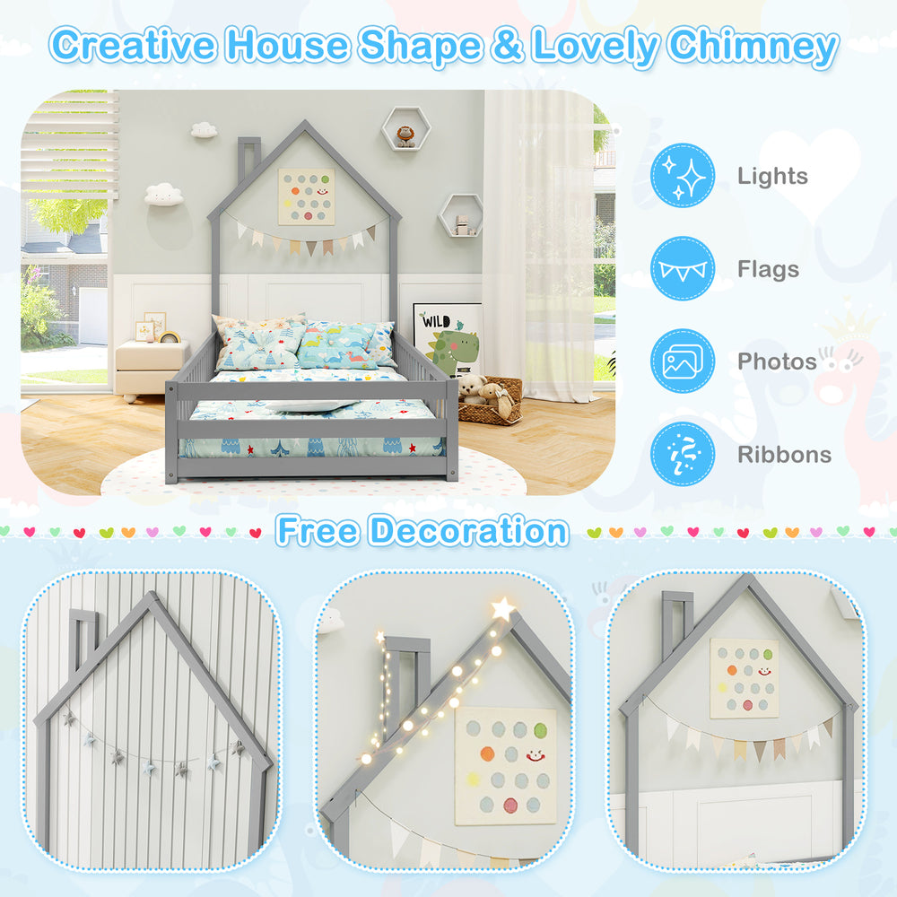 Twin size Montessori floor bed in gray with house shape, full-length guardrail, and lockable door for safe sleep.