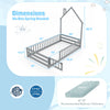 Twin size Montessori floor bed in gray with house shape, lockable door, and full-length guardrail for safe sleeping.