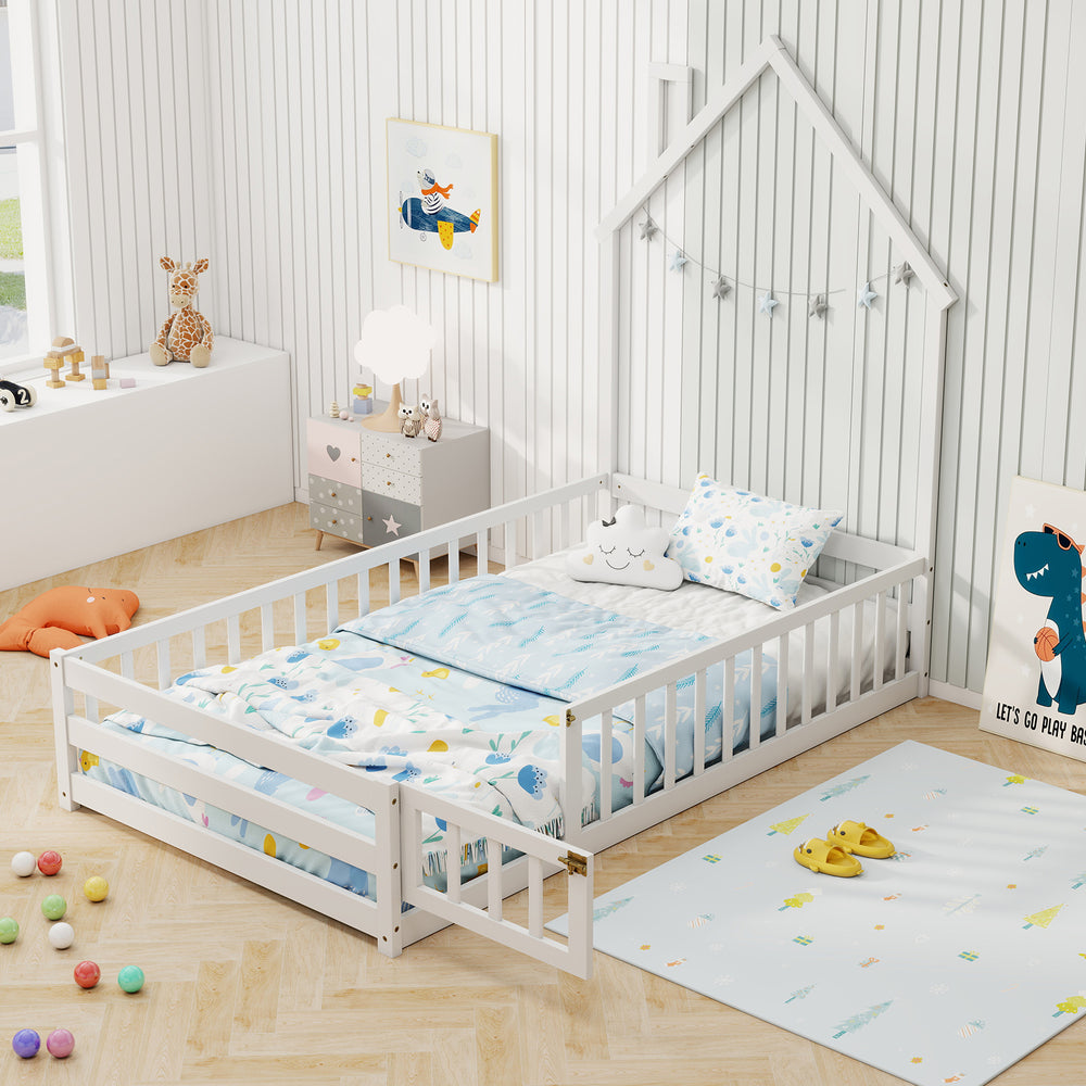 Twin Size Montessori Floor Bed with Lockable Door and Full-Length Guardrail-White - Gallery View 1 of 10