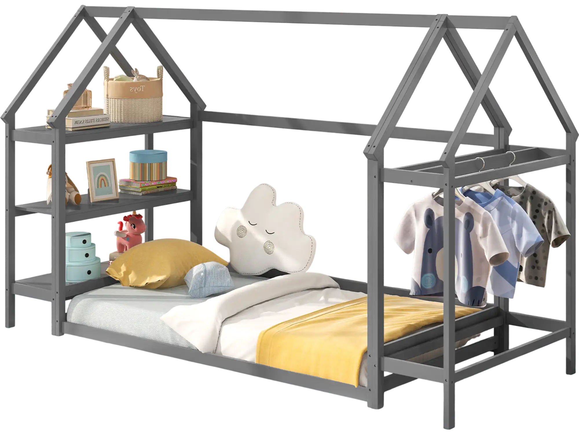 Costway Twin Montessori Floor House Bed w/ Detachable Storage Shelves Grey 836219745 New