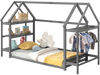 Twin size Montessori floor house bed in grey with detachable storage shelves, perfect for kids' rooms and playtime.