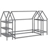 Twin size Montessori floor house bed in grey with detachable storage shelves and coat rack for kids' room organization.