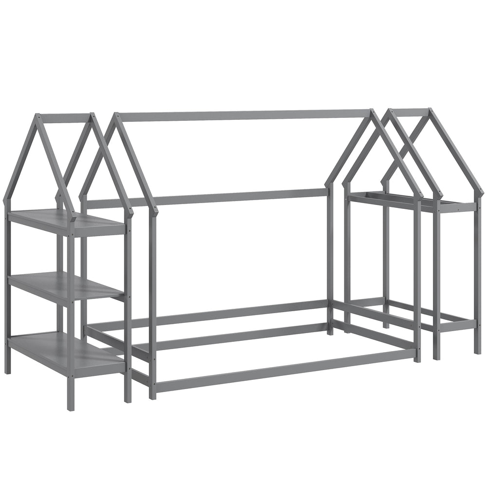 Twin size Montessori floor house bed in grey with detachable storage shelves and coat rack for kids' room organization.