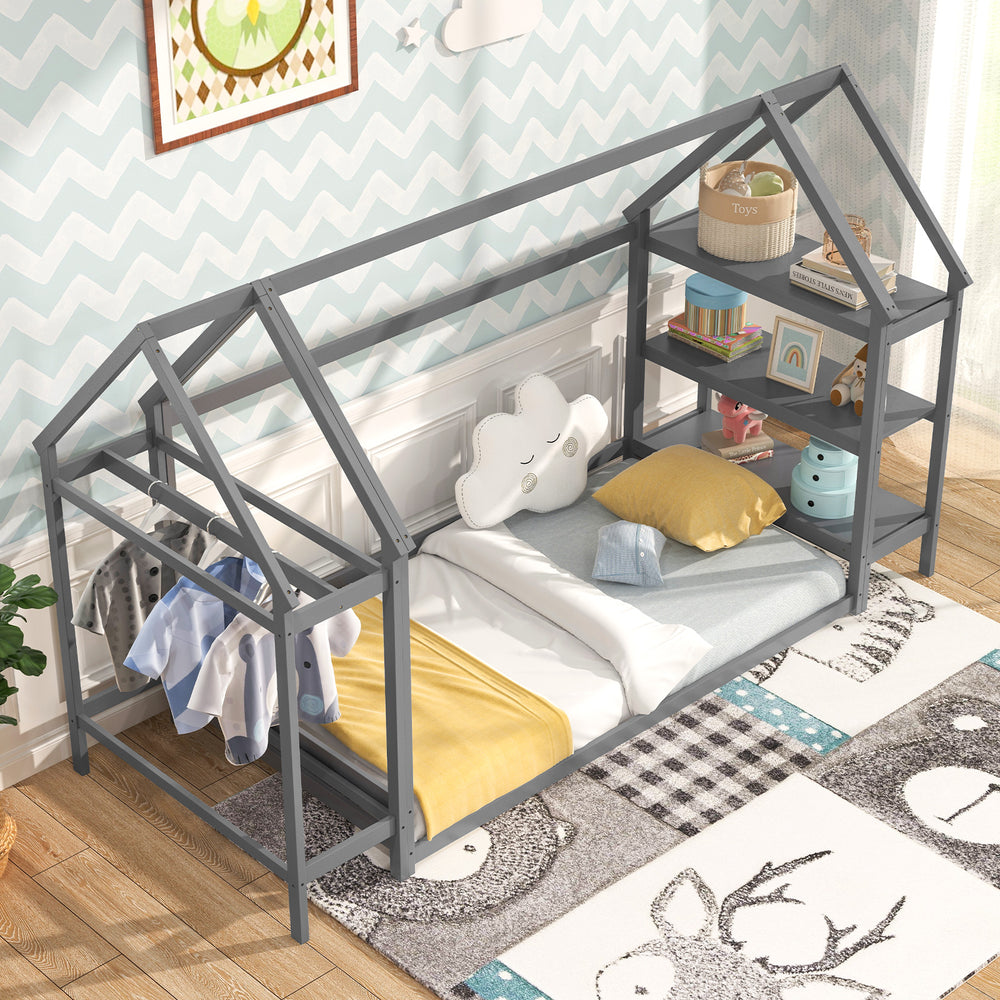 Montessori-inspired twin size house bed in grey with detachable storage shelves, perfect for kids' rooms and playtime.