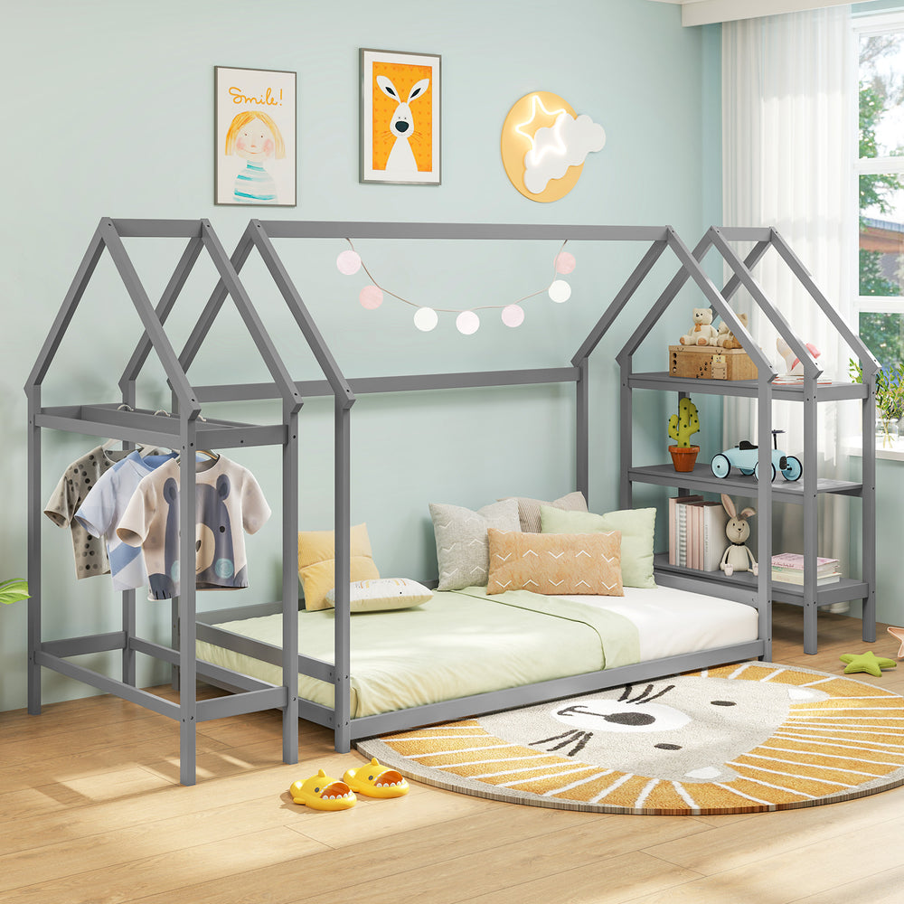 Montessori-inspired twin size floor house bed in grey with detachable storage shelves for kids' room organization.