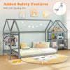 Montessori twin size floor house bed in grey with detachable shelves and anti-tipping kits for added safety in kids'.