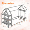 Twin size Montessori floor house bed dimensions with detachable storage shelves in grey for kids' room organization.