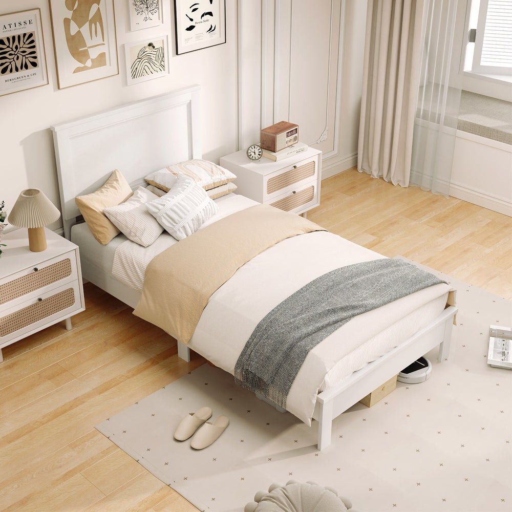 Twin Size Wooden Bed Frame with Headboard and Slat Support-White - Gallery View 1 of 10