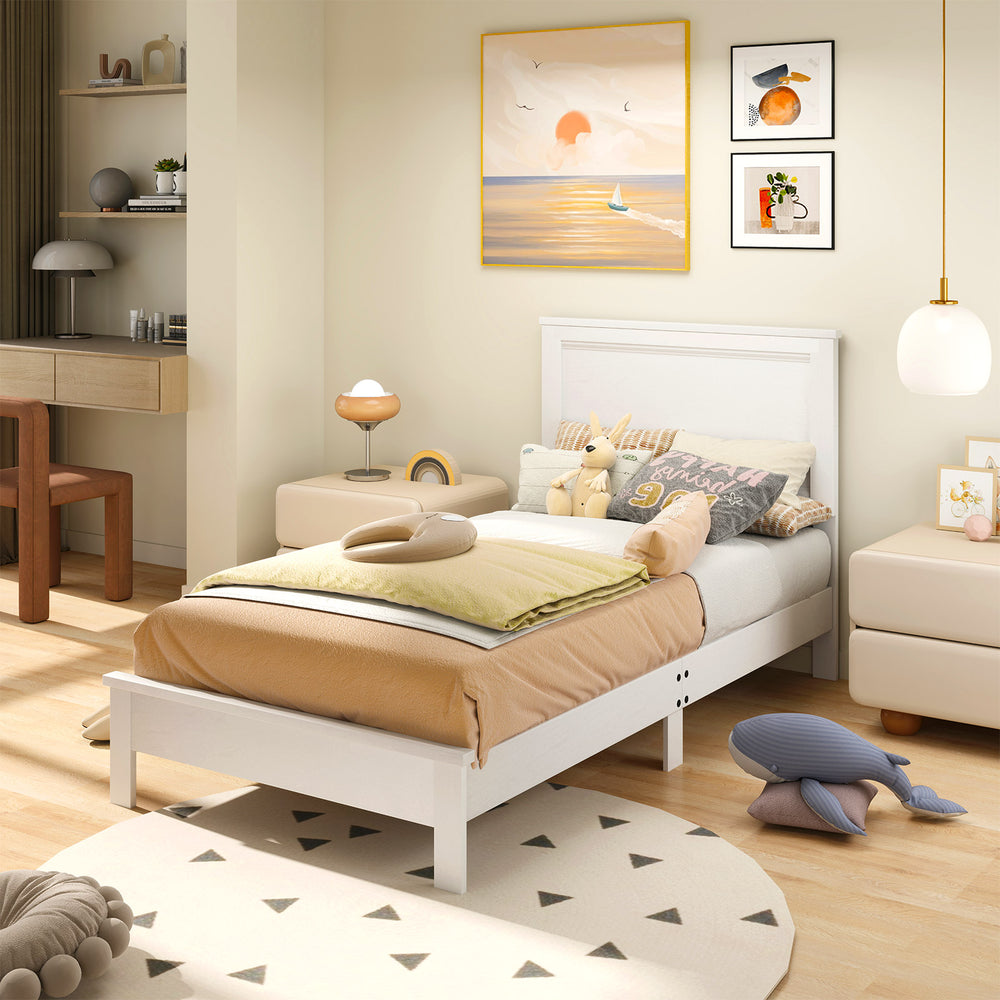Twin size wooden bed frame in white with headboard, slat support, and under-bed storage for a stylish bedroom setup.