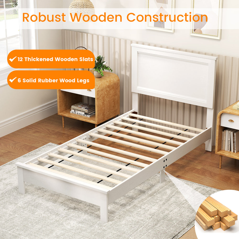 Twin size wooden bed frame with headboard, featuring 12 slats and solid rubber wood legs for sturdy support.