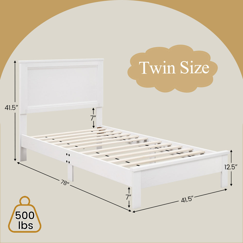Twin size wooden bed frame in white with headboard, slat support, and 7" under-bed storage space. Supports 500 lbs.