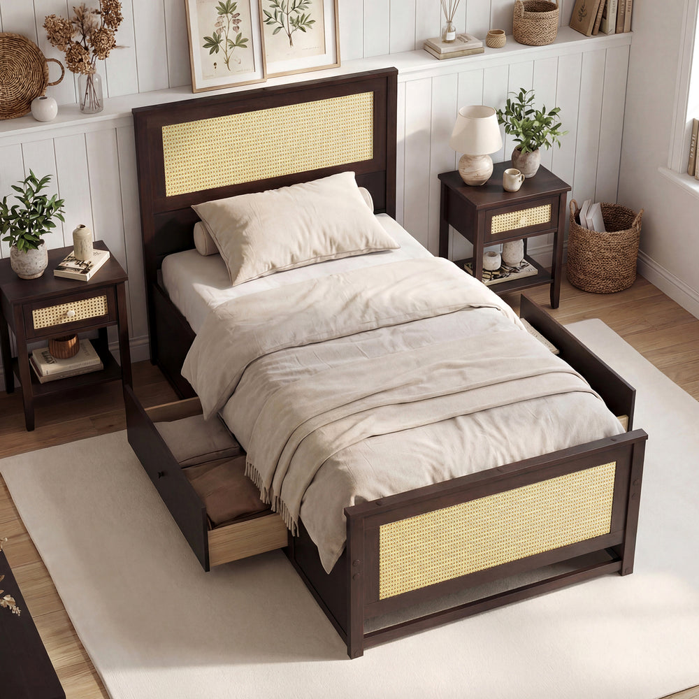 Twin Size Rattan Bed Frame with Storage Drawers-Coffee - Gallery View 1 of 10