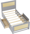 Twin size gray rattan bed frame with two storage drawers and wooden slats for reliable support and organization.