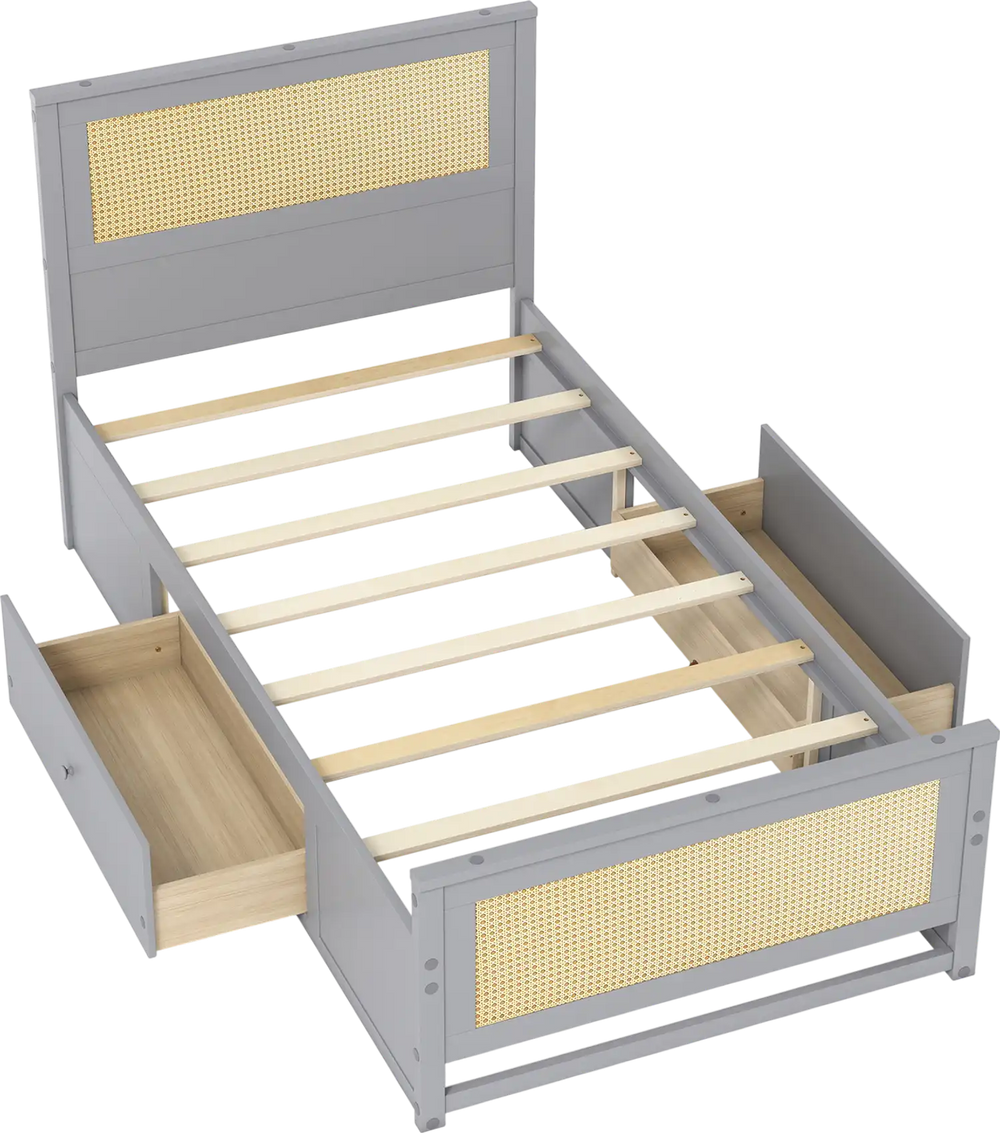 Twin size gray rattan bed frame with two storage drawers and wooden slats for reliable support and organization.