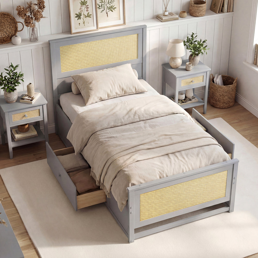 Twin size gray rattan bed frame with storage drawers, featuring a boho accent and sturdy wooden construction.