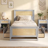 Twin size gray rattan bed frame with two storage drawers, featuring a boho design and sturdy wooden construction.