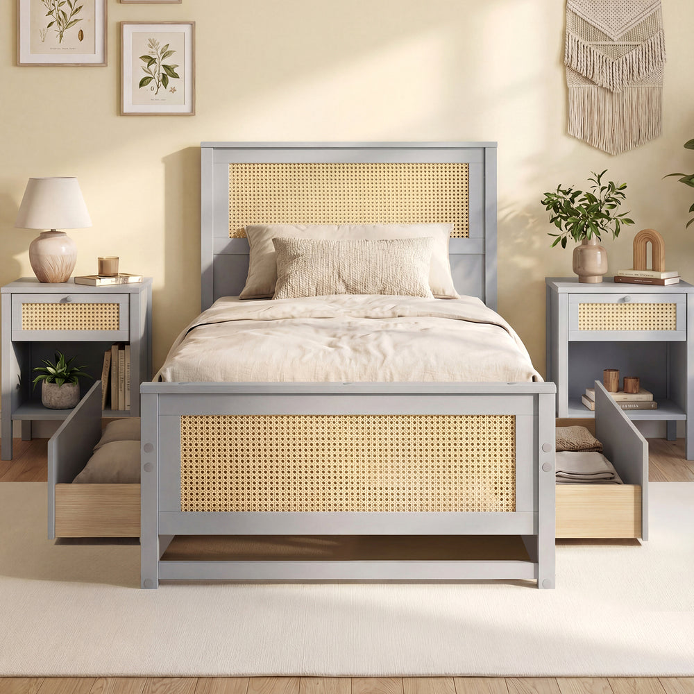 Twin size gray rattan bed frame with two storage drawers, featuring a boho design and sturdy wooden construction.