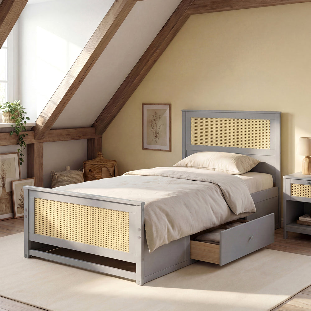 Twin size gray rattan bed frame showcasing elegant woven accents and two smooth-gliding storage drawers for concealed.