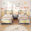 Twin size gray rattan bed frame with storage drawers, featuring a boho design and sturdy wooden construction for kids'.