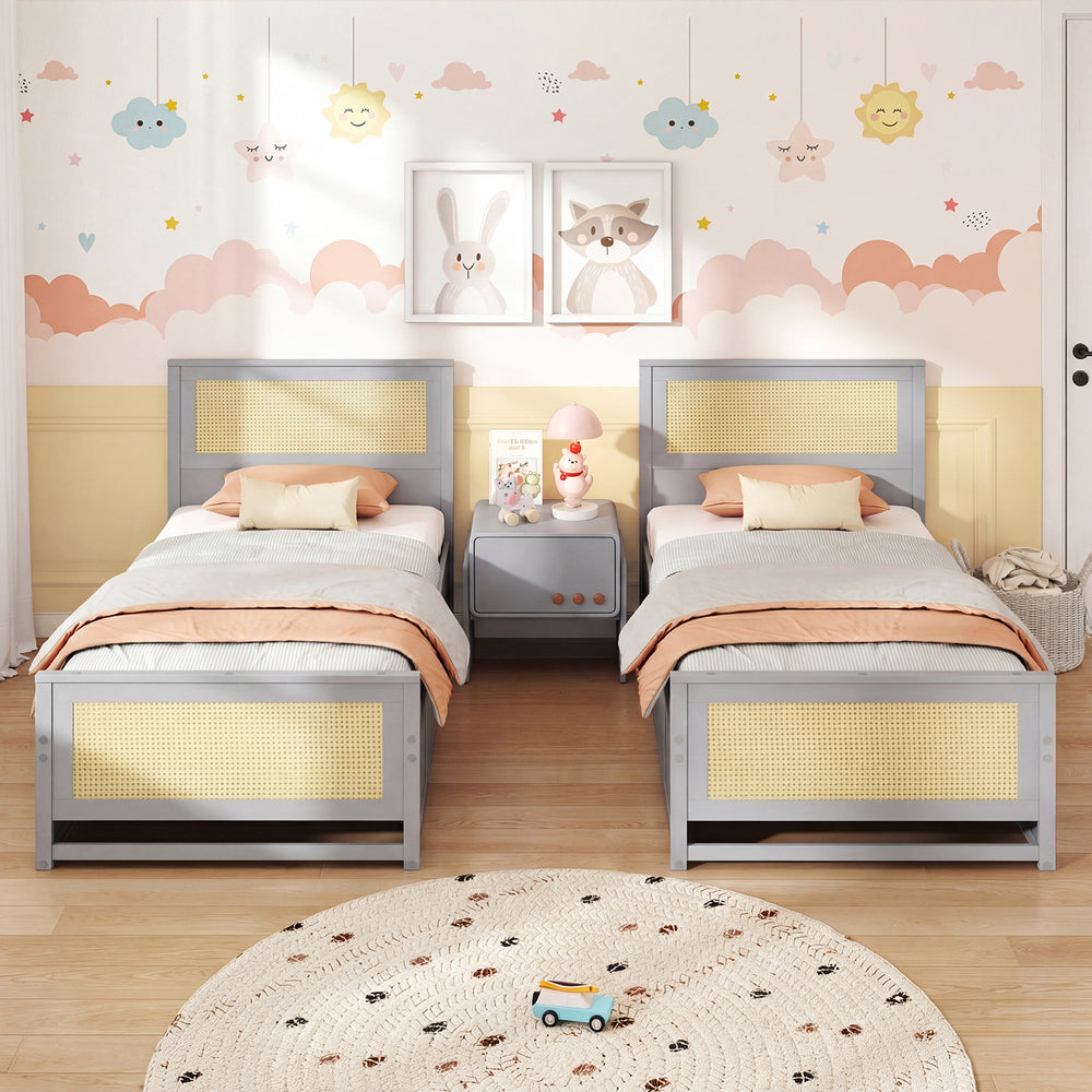 Twin size gray rattan bed frame with storage drawers, featuring a boho design and sturdy wooden construction for kids'.