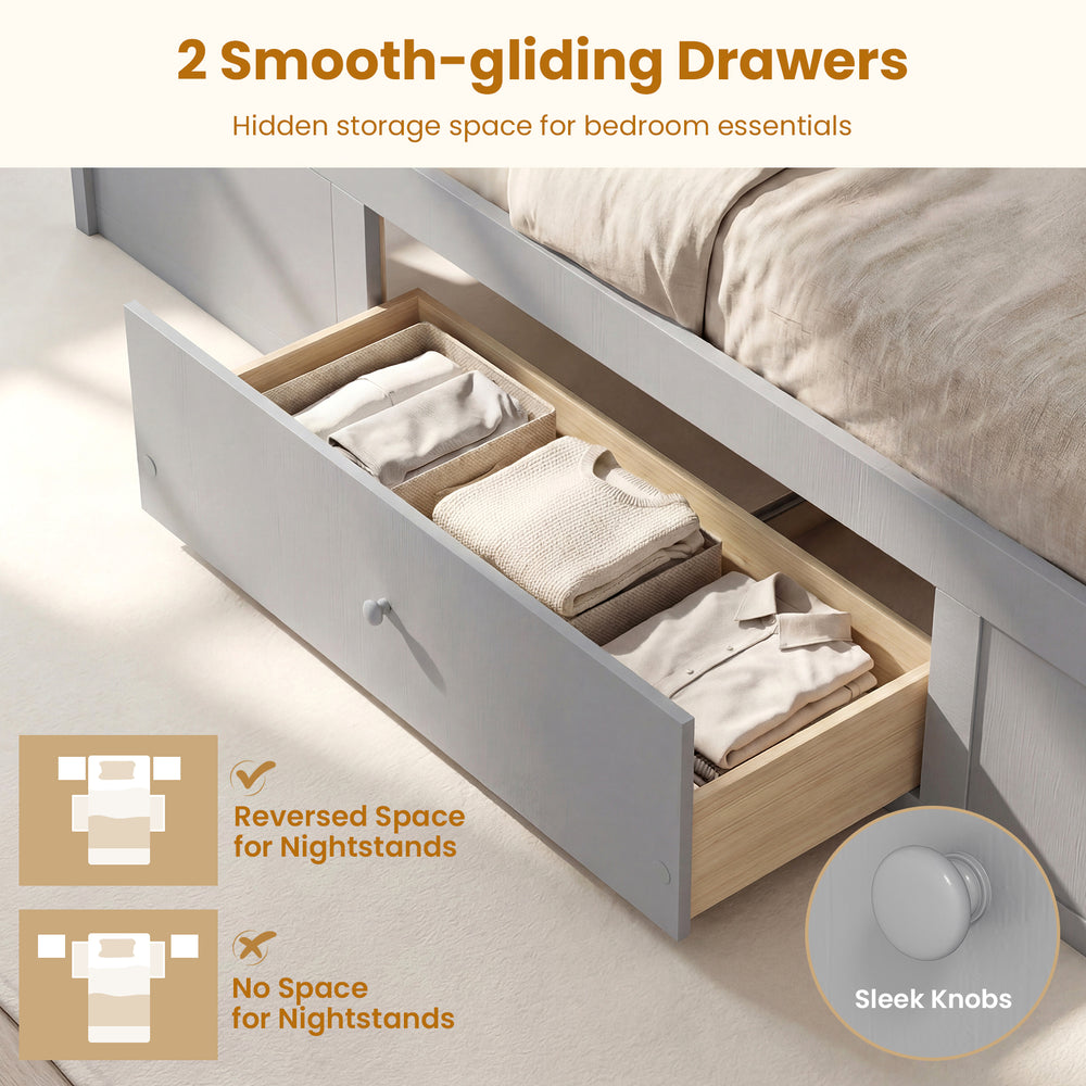 Twin size rattan bed frame with gray finish and smooth-gliding storage drawers for organized bedroom essentials.