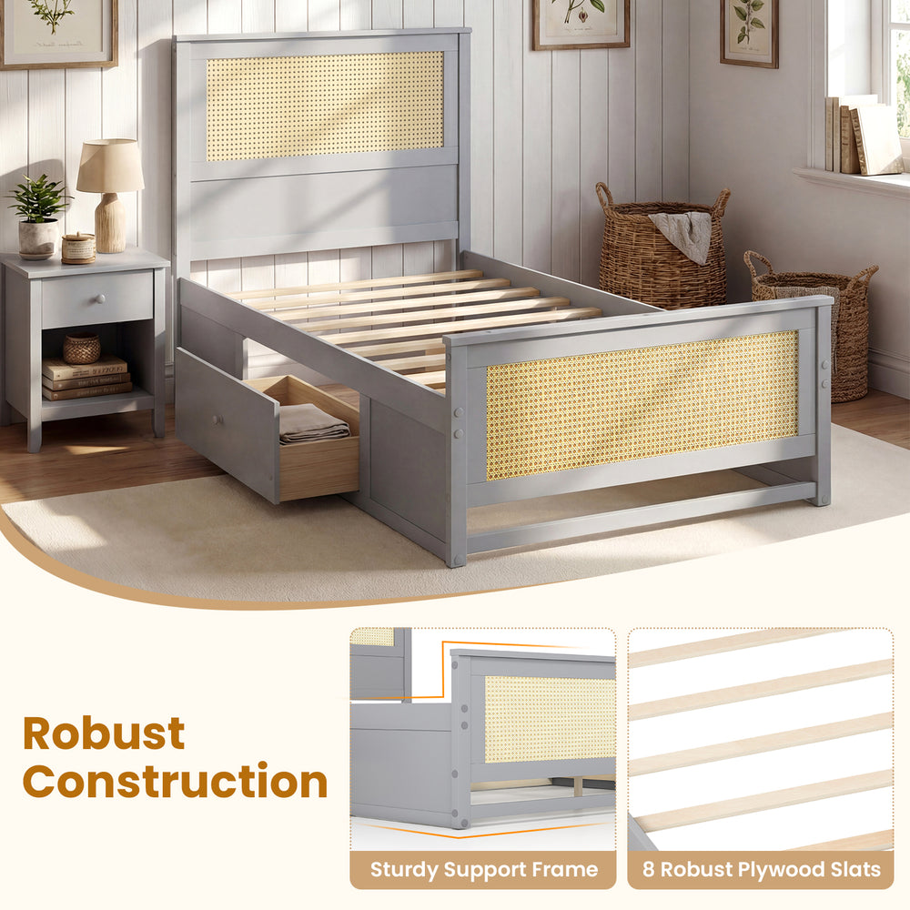 Twin size gray rattan bed frame with storage drawers and sturdy wooden construction for organized bedroom space.