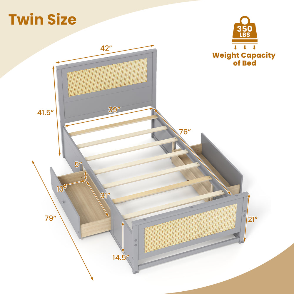 Twin size gray rattan bed frame with two storage drawers and solid wood support, designed for organized bedroom spaces.