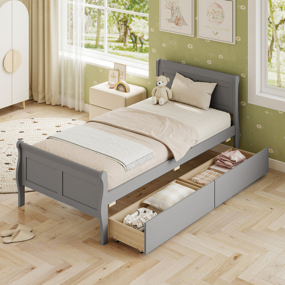 Twin Size Sleigh Bed with 2 Storage Drawers Wood Platform Bed Frame-Gray - Gallery View 1 of 10