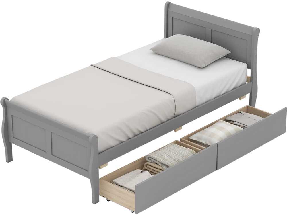 Twin size sleigh bed in gray with two storage drawers, featuring a stylish headboard and sturdy wooden frame.