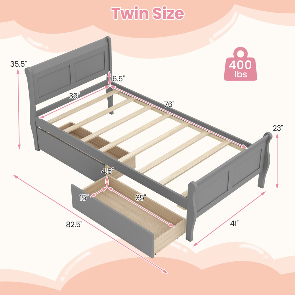 Twin size sleigh bed frame in gray with two storage drawers, sturdy wood construction, ideal for maximizing bedroom.