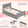 Twin size sleigh bed frame in gray with two storage drawers and solid wood support legs for stylish bedroom.