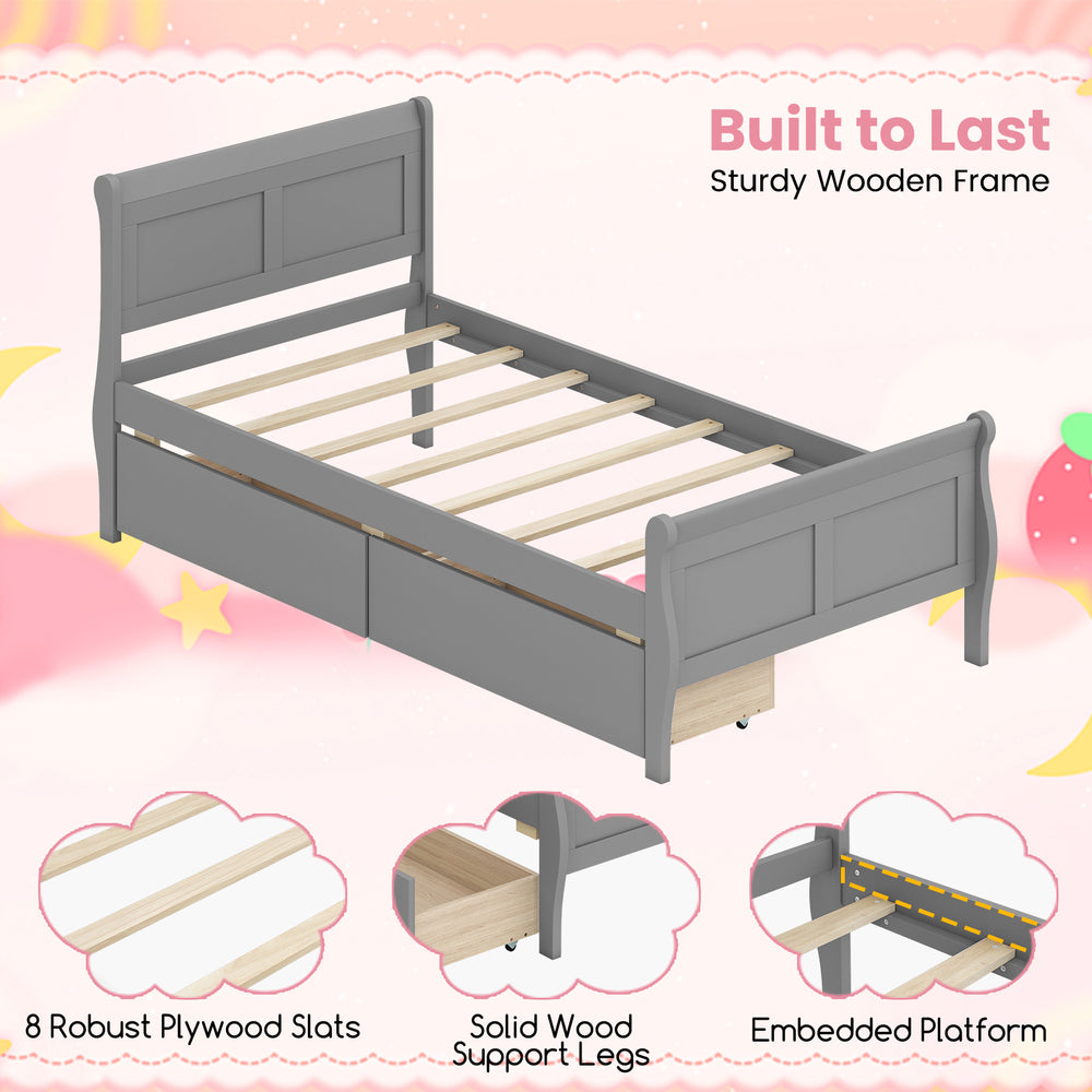Twin size sleigh bed frame in gray with two storage drawers and solid wood support legs for stylish bedroom.