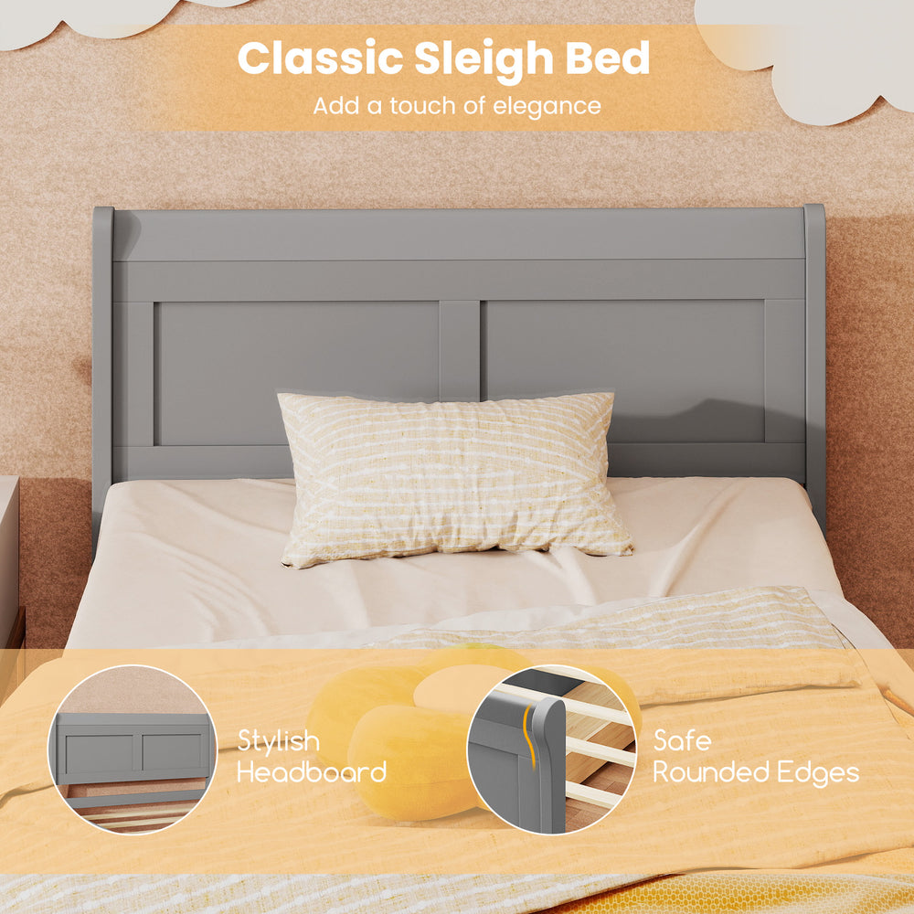 Twin size gray sleigh bed with stylish headboard and safe rounded edges, featuring two storage drawers for added.