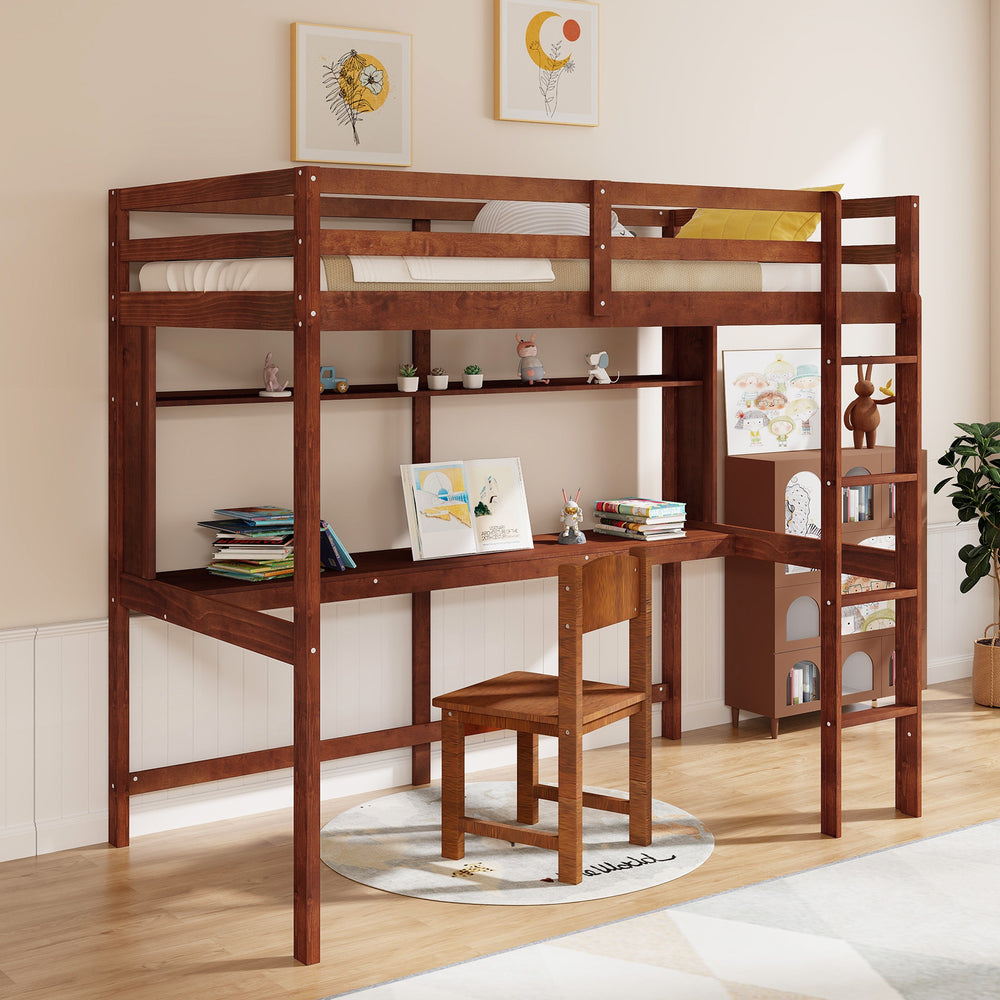 Twin Size Solid Wood Slatted Loft Bed Frame with Safety Guardrail for Kid-Brown - Gallery View 1 of 10