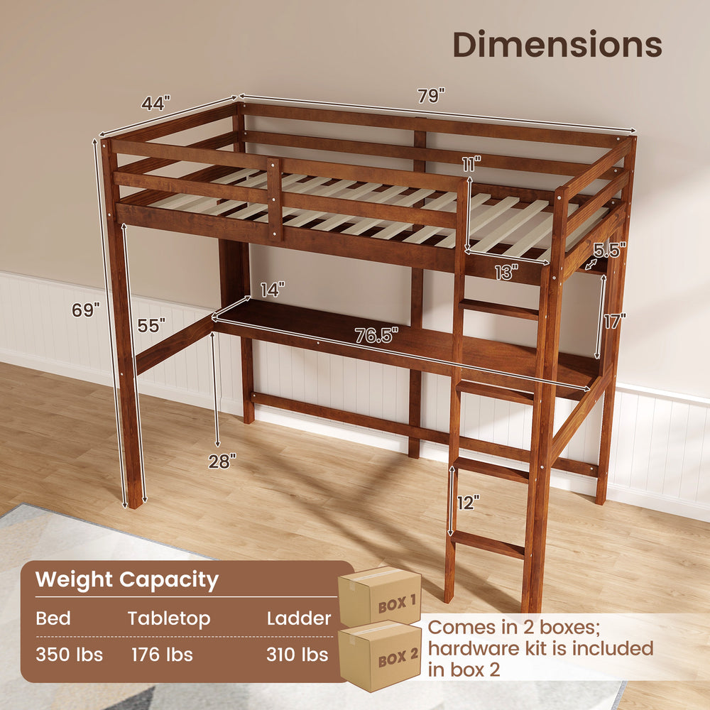Twin size solid wood slatted loft bed frame with safety guardrail, integrated ladder, and desk for optimal space.
