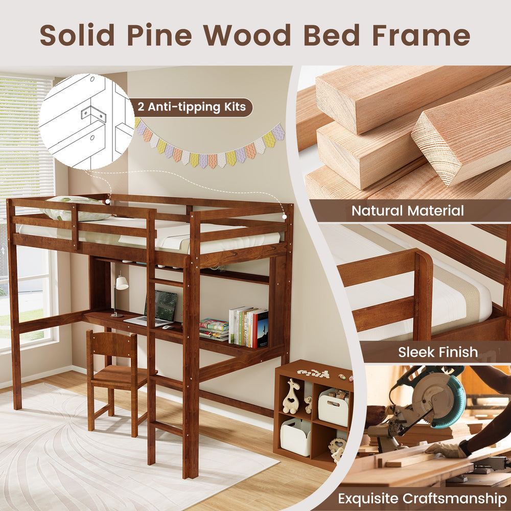Twin size solid pine wood loft bed frame with safety guardrail, integrated desk, and storage shelf for kids.