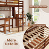 Solid wood slatted loft bed frame with integrated ladder, safety guardrails, and desk for optimal space utilization.