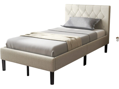 Costway Twin Upholstered Platform Bed Button Tufted Headboard Beige 48973126 New