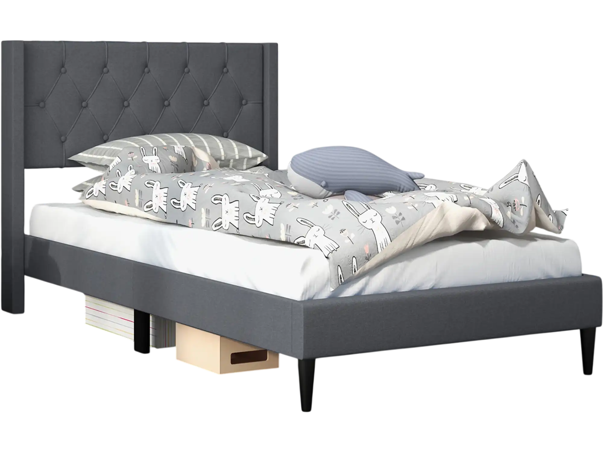 Costway Twin Upholstered Platform Bed Button Tufted Wingback Headboard Gray 46519382 New