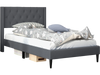 Twin size upholstered platform bed in gray with button tufted wingback headboard, ideal for stylish bedroom storage.