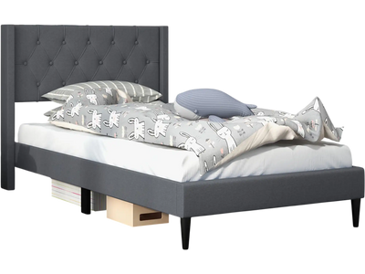 Costway Twin Upholstered Platform Bed Button Tufted Wingback Headboard Gray 46519382 New
