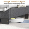 Upholstered platform bed with button tufted headboard, featuring 4" under-bed space for storage and cleaning.