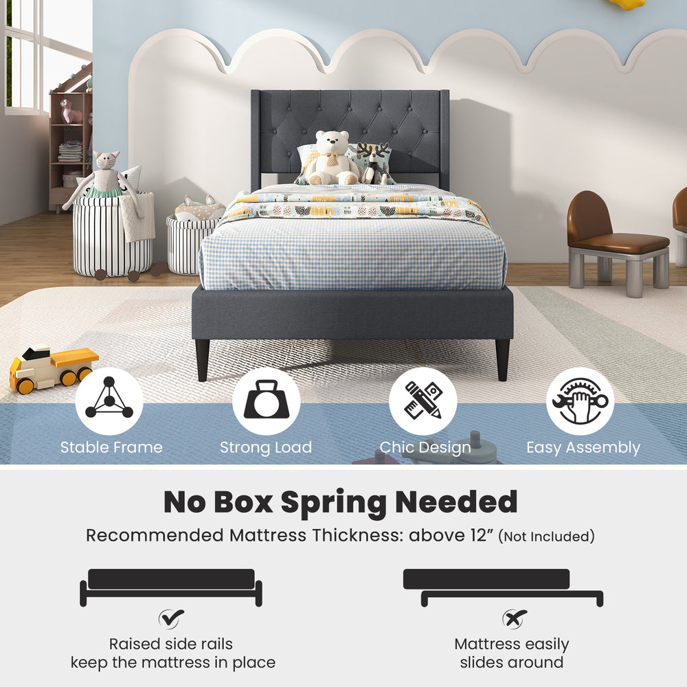 Twin size upholstered platform bed with gray button tufted headboard, featuring sturdy frame and under-bed storage for.