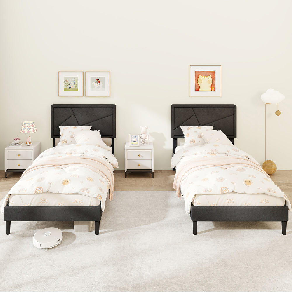 Twin size upholstered platform bed frame with high headboard, featuring faux linen fabric and a modern design for easy.