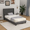 Twin size upholstered platform bed featuring a high-density sponge padded headboard and unique button embellishments.