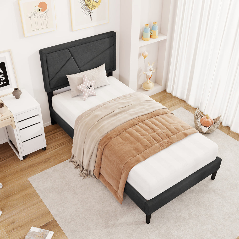 Upholstered twin bed frame with high headboard, faux linen fabric, and robust plywood slats for modern bedroom decor.