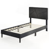 Twin size upholstered platform bed frame with high headboard, faux linen fabric, and robust plywood slats for mattress.